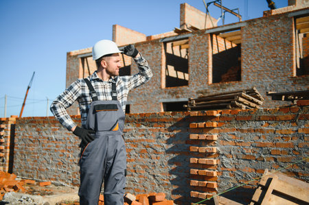 Portrait of a builder in the process of working on a construction site outdoors.の写真素材