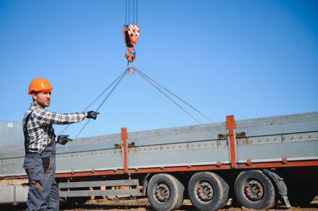 The worker controls the unloading of the panels for the roof of the house with a crane.の写真素材