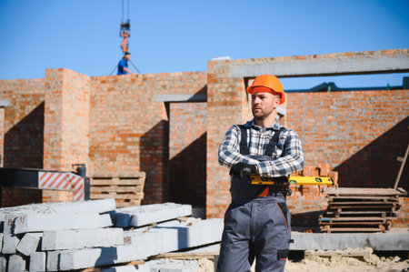 Construction worker in uniform and safety equipment have job on building.の写真素材