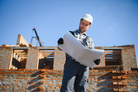 An architect or engineer on the construction of brick houses holds the construction plan in his...