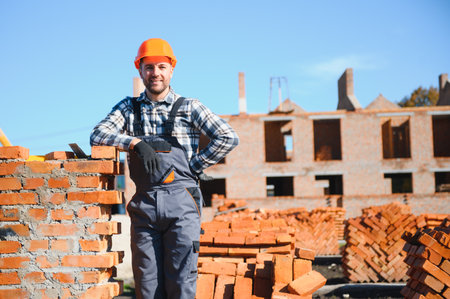 Portrait of a builder in the process of working on a construction site outdoors.の写真素材