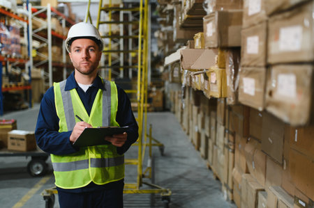 Portrait of warehouseman with clipboard checking delivery, stock in warehouse. Warehouse worker...