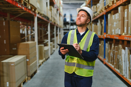 Portrait of warehouseman with clipboard checking delivery, stock in warehouse. Warehouse worker...