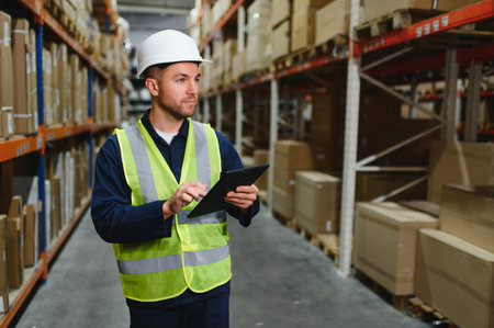Portrait of warehouseman with clipboard checking delivery, stock in warehouse.の写真素材