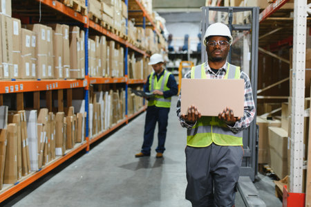 Portrait of an African American warehouse worker in overalls and a helmet.