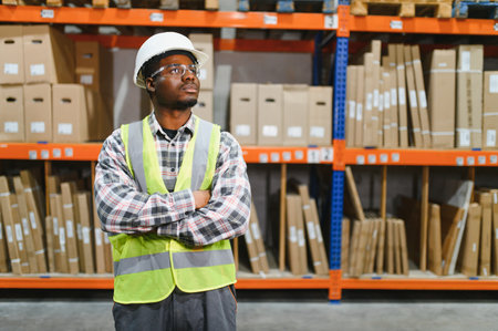 portrait of a smiling young warehouse worker working in a cash and carry wholesale store.の写真素材