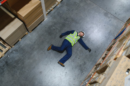 Warehouse Worker Has Work Related Accident Falls while Trying to Pick Up Cardboard Box from the Shelf. Injury at Work.の写真素材