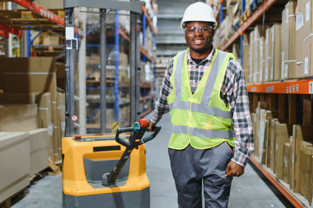 Portrait of a handsome African American warehouse worker in overalls and a helmet.