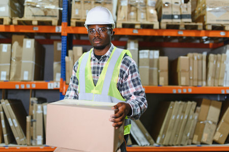Portrait african warehouse supervisor standing large warehouse distribution center with colleague...
