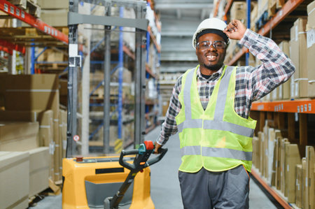 portrait of a smiling young warehouse worker working in a cash and carry wholesale store.の写真素材