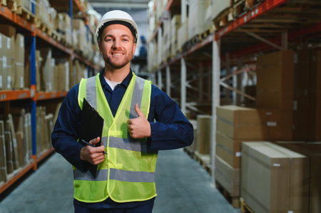 Portrait of warehouseman with clipboard checking delivery, stock in warehouse. Warehouse worker preparing products for shipment.の写真素材