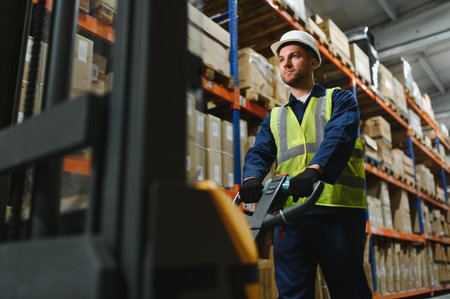 Portrait of a warehouse worker in overalls and a helmet.