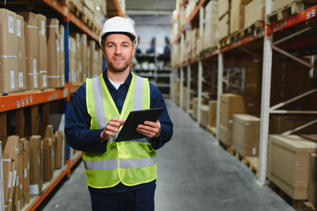 Warehouse worker checking his list on clipboard in a large warehouse.