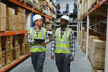 Two warehouse workers checking and controlling boxes in warehouse, Professional warehouse workers moving cardboard boxes by forklift stacker loader, Logistic and business export conceptの写真素材