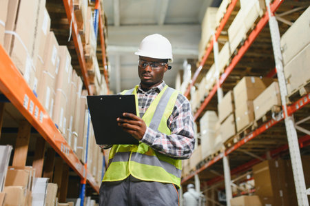 Portrait of African American warehouseman with clipboard checking delivery, stock in warehouse....