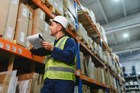 Portrait of warehouseman with clipboard checking delivery, stock in warehouse.