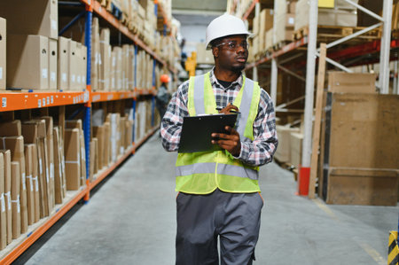 Portrait of warehouseman with clipboard checking delivery, stock in warehouse.の写真素材