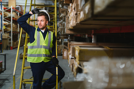 portrait of a smiling young warehouse worker working in a cash and carry wholesale store.の写真素材