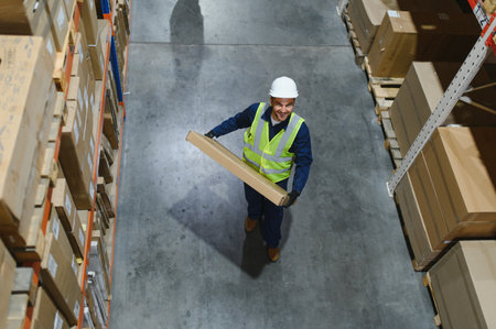 Young man working at a warehouse with boxes.の写真素材