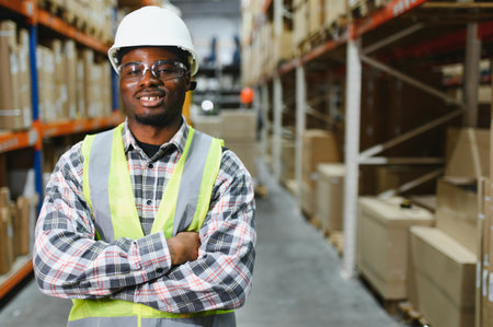 Portrait of a warehouse worker in overalls and a helmet.