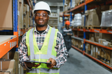 portrait of a smiling young warehouse worker working in a cash and carry wholesale store.の写真素材