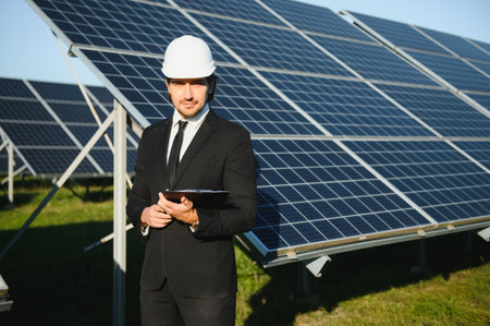 Solar panels Engineer man on solar power station.の写真素材