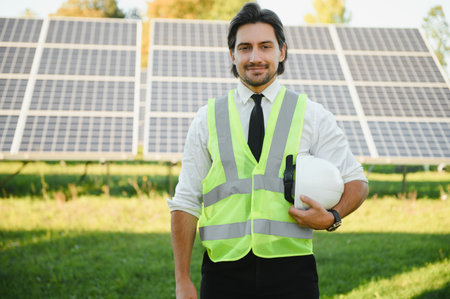 Solar power plant. Man standing near solar panels. Renewable energy.の写真素材