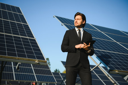 Solar power plant. Man standing near solar panels. Renewable energy.の写真素材