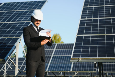 Man in business suit, solar panels on backstage. Client in white helmet standing at solar energy power station.の写真素材