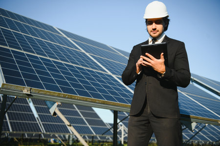 The solar farm, solar panel with engineer check the operation of the system, Alternative energy to conserve the world's energy, Photovoltaic module idea for clean energy production.の写真素材