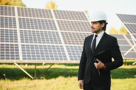 Solar power plant. Man standing near solar panels. Renewable energy.の写真素材