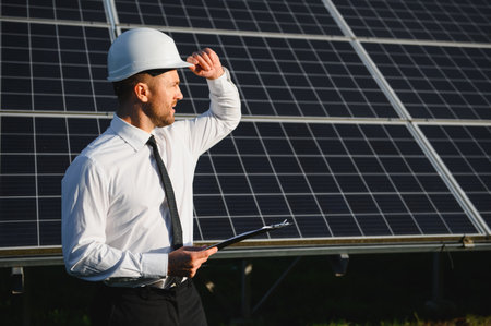 Solar power plant. Man standing near solar panels. Renewable energy.の写真素材