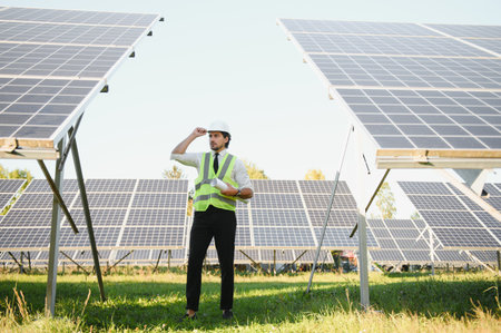 Businessman or engineer standing near solar panels.の写真素材