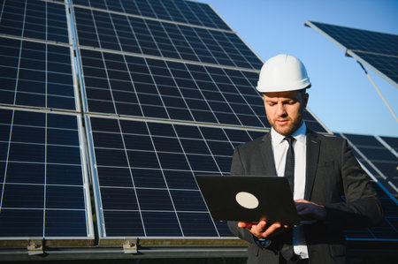 Man in business suit, solar panels on backstage. Client in white helmet standing at solar energy power station.の写真素材