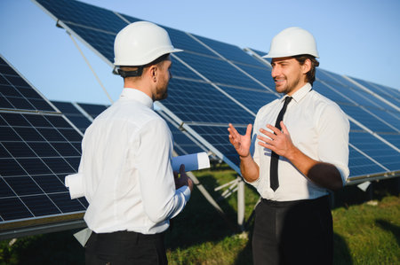 Solar panel farm. Two European engineers inspect solar panels. Workers at a solar panel farm.の写真素材