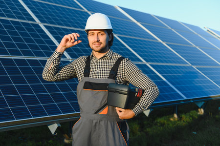 Portrait of a young professional worker in uniform and helmet standing against the background of...