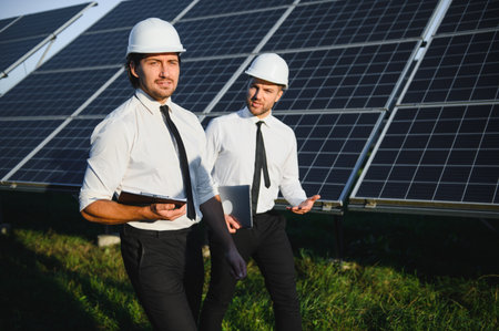 Portrait of engineers standing outside near solar panels.の写真素材
