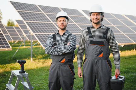 Two skilled workers or craftsmen wearing working gray uniforms, technicians are installing solar panels on a solar farm for clean energy and electricity supply.の写真素材