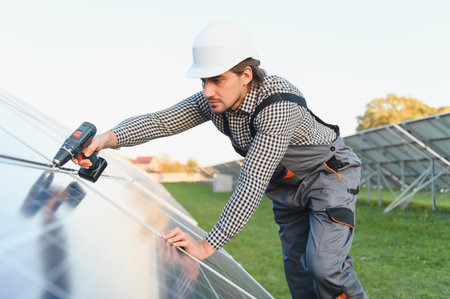 Man worker mounting photovoltaic solar panels. Engineer in helmet installing solar module system. Concept of alternative, renewable energy.の写真素材