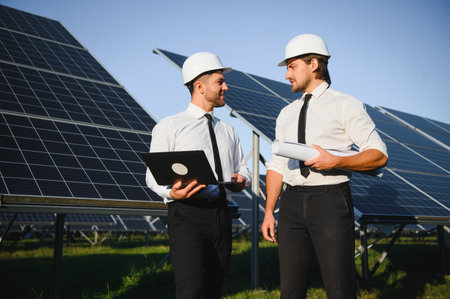 Solar panel farm. Two European engineers inspect solar panels. Workers at a solar panel farm.の写真素材