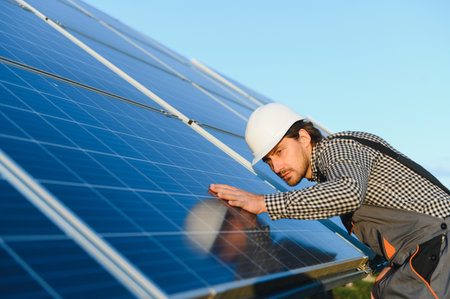 Solar panel technician installing solar panels on a sunny day.の写真素材