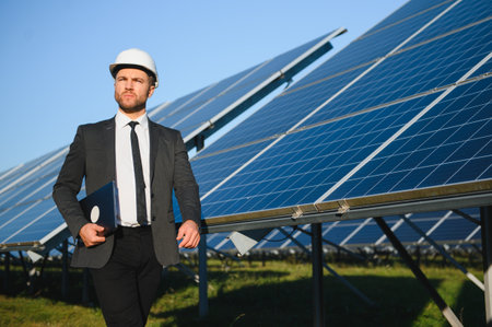 Man in business suit, solar panels on backstage. Client in white helmet standing at solar energy power station.の写真素材