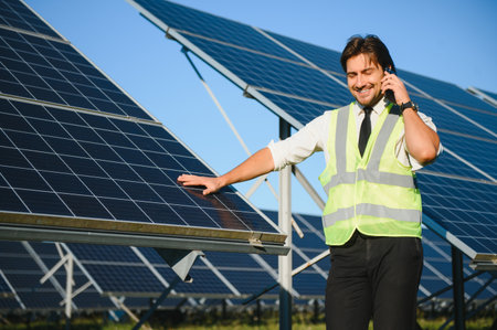 Solar power plant. Man standing near solar panels. Renewable energy.