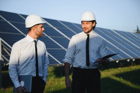The solar farm, solar panel with two engineers walk to check the operation of the system, Alternative energy to conserve the world's energy, Photovoltaic module idea for clean energy production.の写真素材