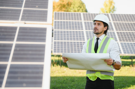 Businessman or engineer standing near solar panels.の写真素材