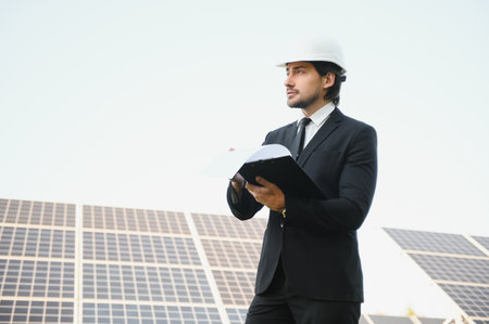 Portrait of a businessman inspecting the operation of solar panels. The concept of investments in green energy.の写真素材