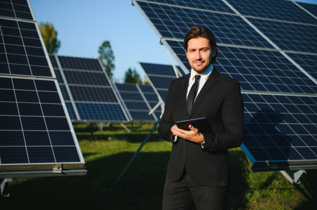 Solar power plant. Man standing near solar panels. Renewable energy.の写真素材