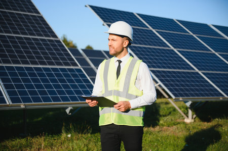 The solar farm, solar panel with engineer check the operation of the system, Alternative energy to conserve the world's energy, Photovoltaic module idea for clean energy production.の写真素材