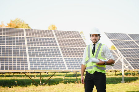 Solar panels Engineer man on solar power station.