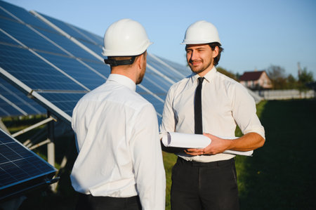 Portrait of engineers standing outside near solar panels.の写真素材